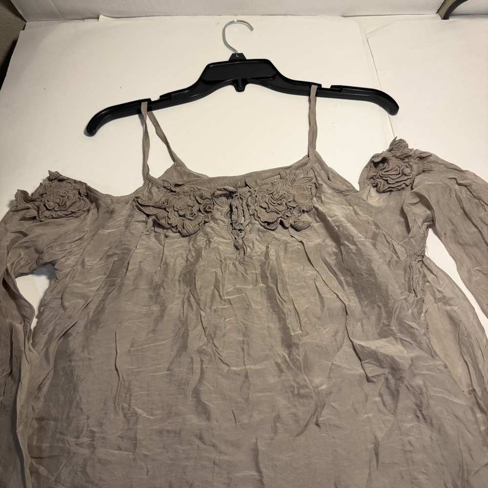 Romeo Giulia Made In Italy Silk Cold Shoulder Overlay Top Brown M, L Boho Preppy